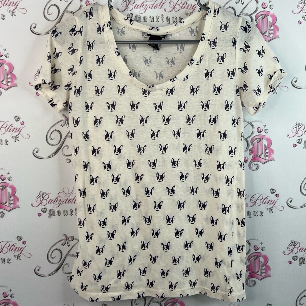 Rue21 tshirt tee round neck dog print white Cream Dog Print Tee black puppy